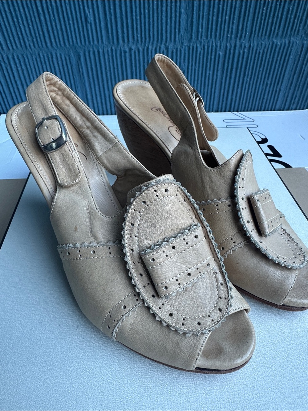 Rachel Comey Beige Leather Loafer-Detail Slingback Wedges